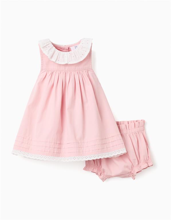 Vestido de popelín + cubrepañal con volantes para recién nacida, rosa
