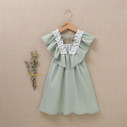 vestido de niña  verde olivo con volantes en contraste