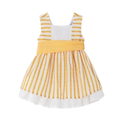 vestido lineas amarillas con cinto y moño en la parte trasera