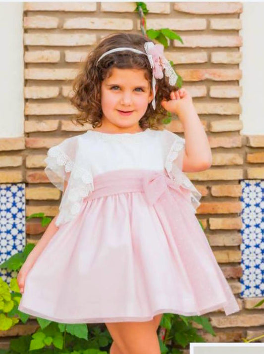 Vestido tul, combinado rosa palo