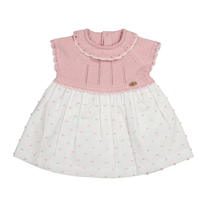 Vestido combinado peto tricot rosa, recién nacida