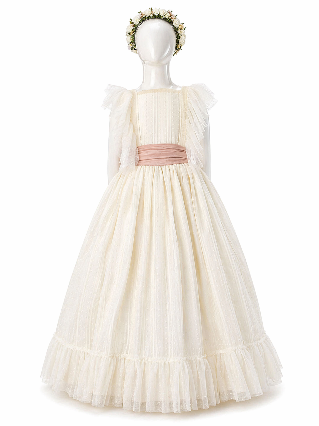 Vestido primera comunión, con cinto rosa palo, talla 14