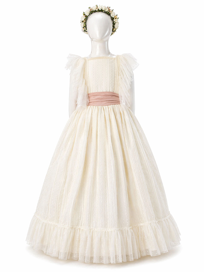 Vestido primera comunión, con cinto rosa palo, talla 14
