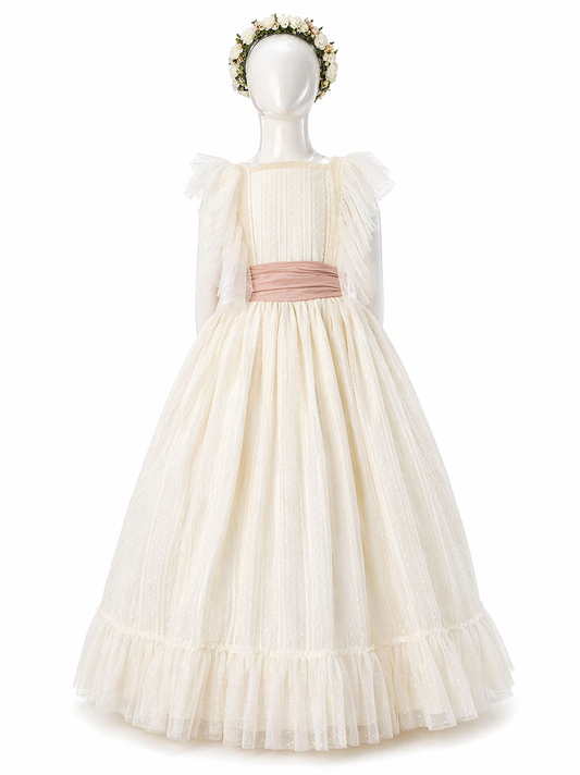 Vestido primera comunión, con cinto rosa palo, talla 14