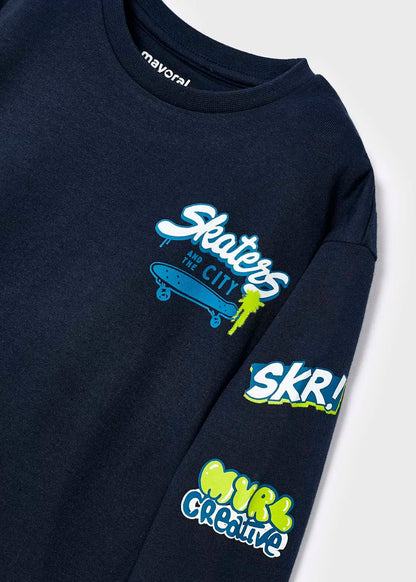 camiseta manga larga azul obscuro, print skate, mayoral