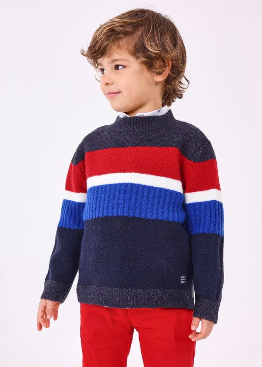 suéter básico azul con franjas colores blanco y rojo para niño, mayoral