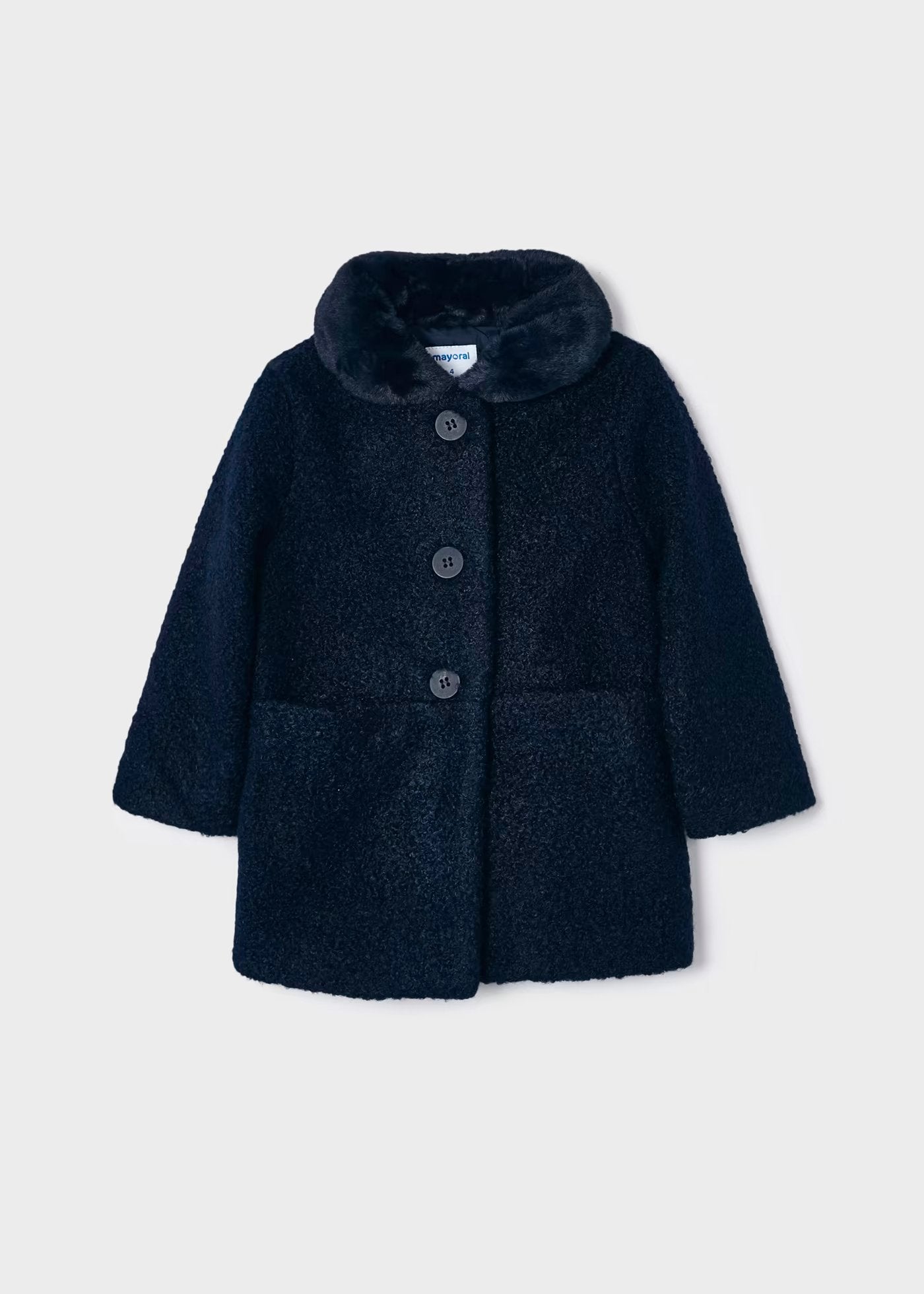 abrigo rizo color marino, cuello peluche, mayoral