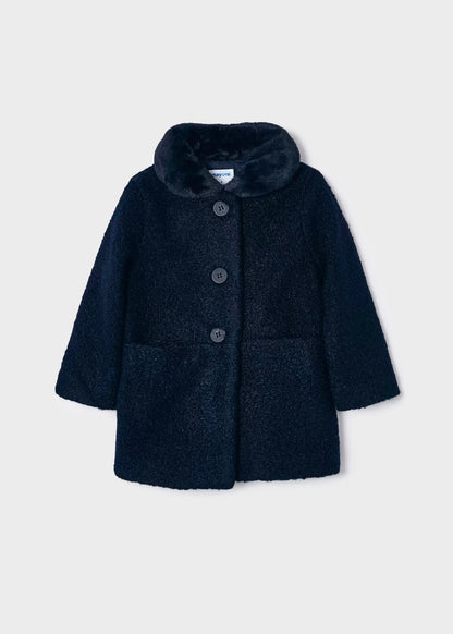 abrigo rizo color marino, cuello peluche, mayoral