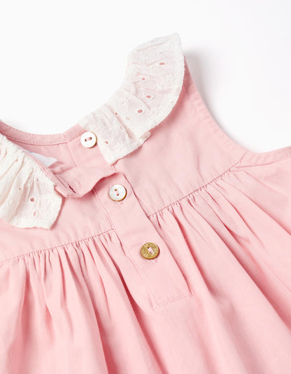 Vestido de popelín + cubrepañal con volantes para recién nacida, rosa