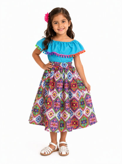 SET FALDA ADELITA CUADROS  BLUSA CAMPESINA AZUL POMPON ARCOIRIS, FALDA CUADROS BLANCA