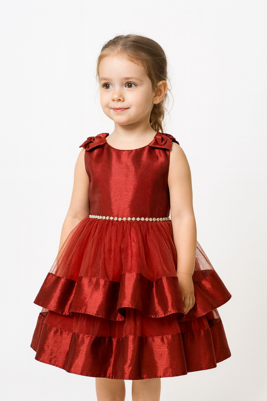 vestido tafeta vino cinto oro cristales