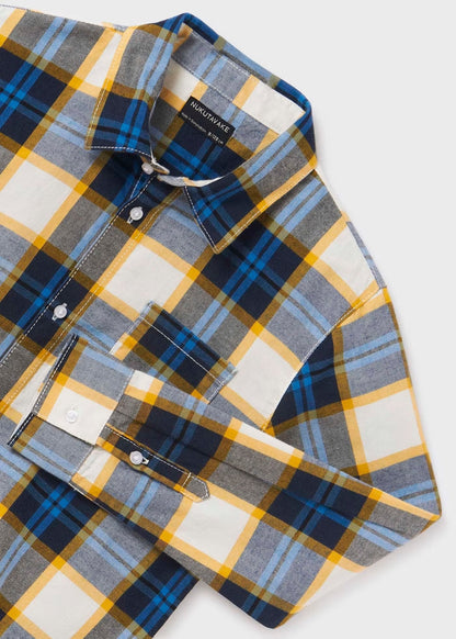 camisa azul manga larga, cuadros azul, amarillo negro, mayoral