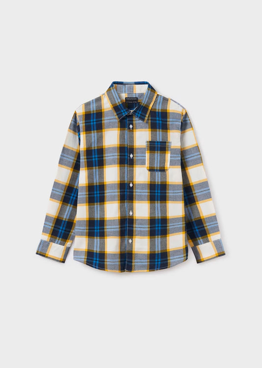 camisa azul manga larga, cuadros azul, amarillo negro, mayoral