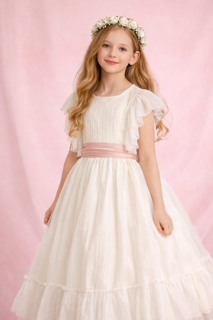 Vestido primera comunión, con cinto rosa palo, talla 14