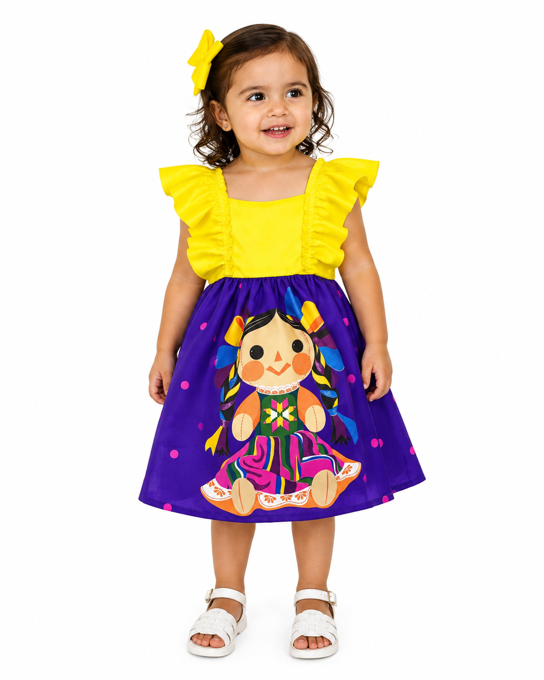 VESTIDO ADELITA TIPICO PATRIO ELEGANTE PETO AMARILLO, FALDA MORADA MUÑECAS