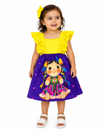 VESTIDO ADELITA TIPICO PATRIO ELEGANTE PETO AMARILLO, FALDA MORADA MUÑECAS