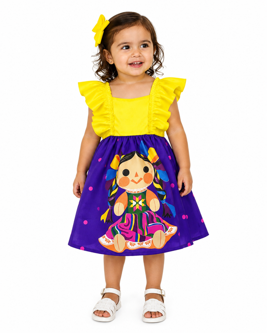 VESTIDO ADELITA TIPICO PATRIO ELEGANTE PETO AMARILLO, FALDA MORADA MUÑECAS