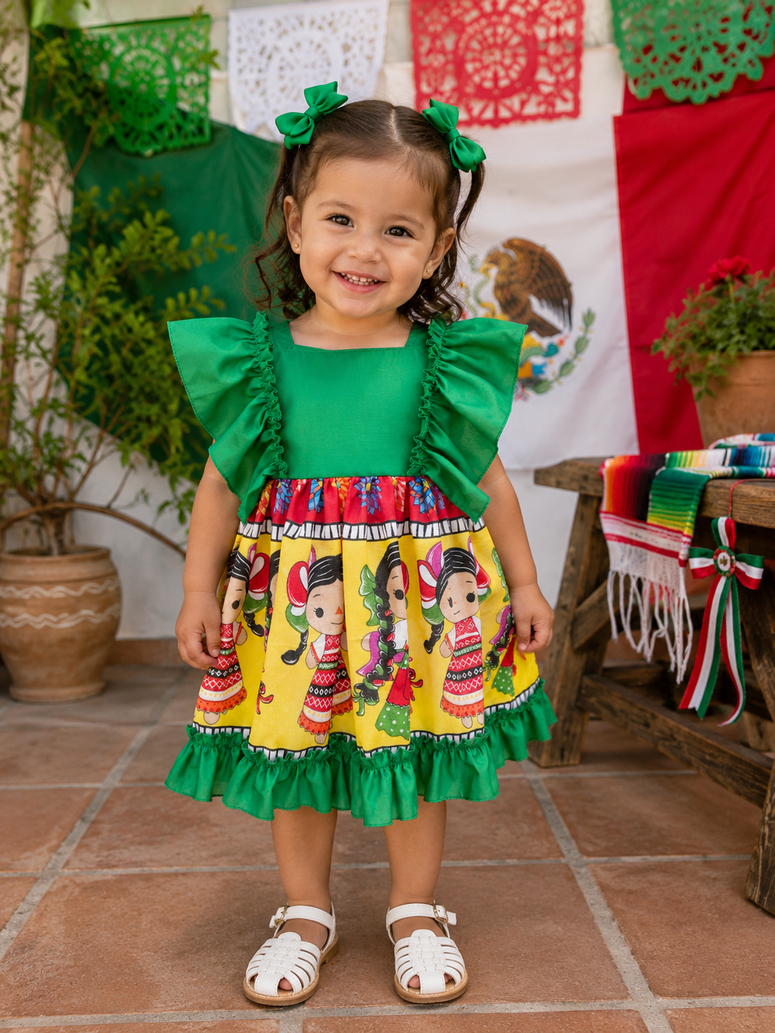 VESTIDO ADELITA TIPICO PATRIO ELEGANTE PETO VERDE, FALDA VERDE MUÑECAS