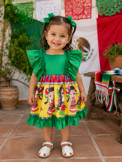 VESTIDO ADELITA TIPICO PATRIO ELEGANTE PETO VERDE, FALDA VERDE MUÑECAS