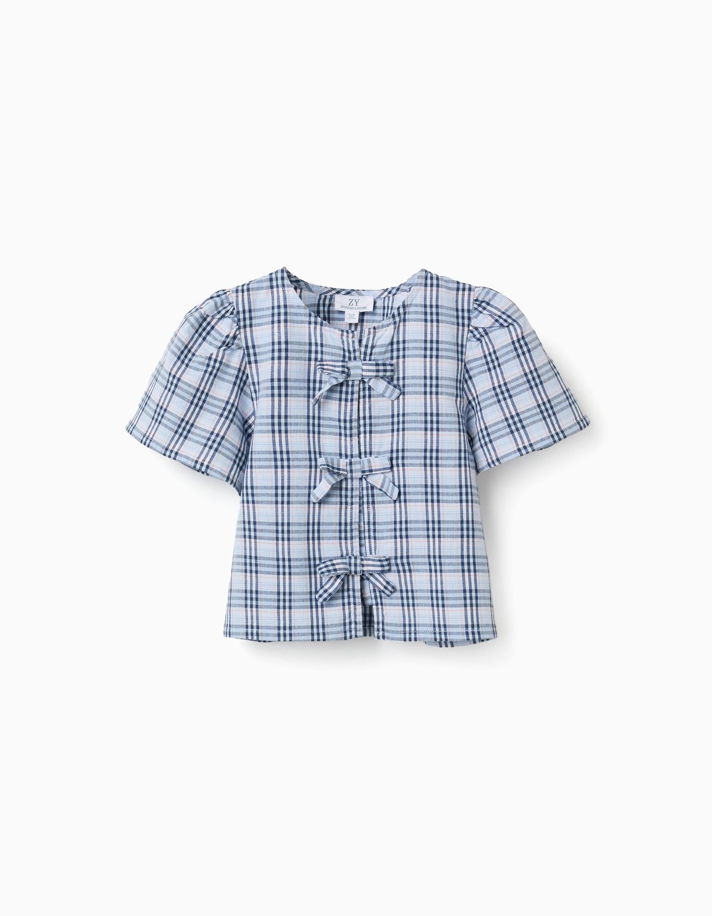 Set blusa cuadros azules + falda denim blanco