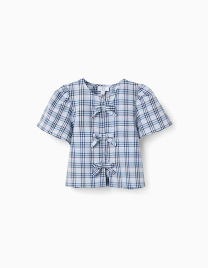 Set blusa cuadros azules + falda denim blanco