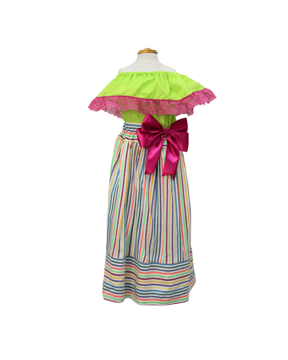 SET FALDA ADELITA RAYAS  BLUSA CAMPESINA VERDE LIMÓN ENCAJE ROSA