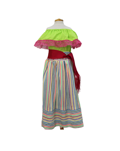 SET FALDA ADELITA RAYAS  BLUSA CAMPESINA VERDE LIMÓN ENCAJE ROSA