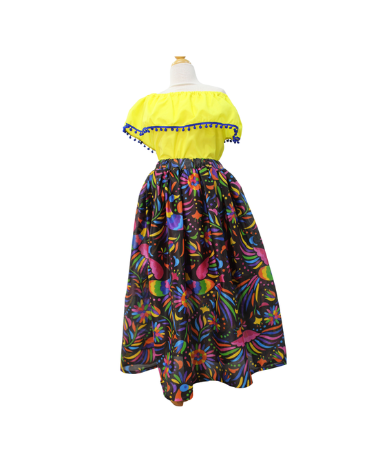 SET FALDA ADELITA  FLORES BLUSA CAMPESINA AMARILLO POMPON MARINO