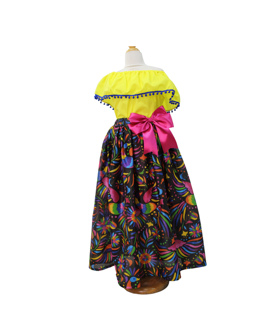 SET FALDA ADELITA  FLORES BLUSA CAMPESINA AMARILLO POMPON MARINO