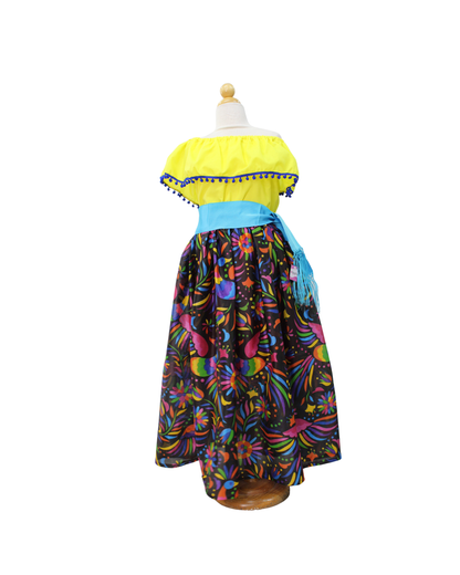 SET FALDA ADELITA  FLORES BLUSA CAMPESINA AMARILLO POMPON MARINO