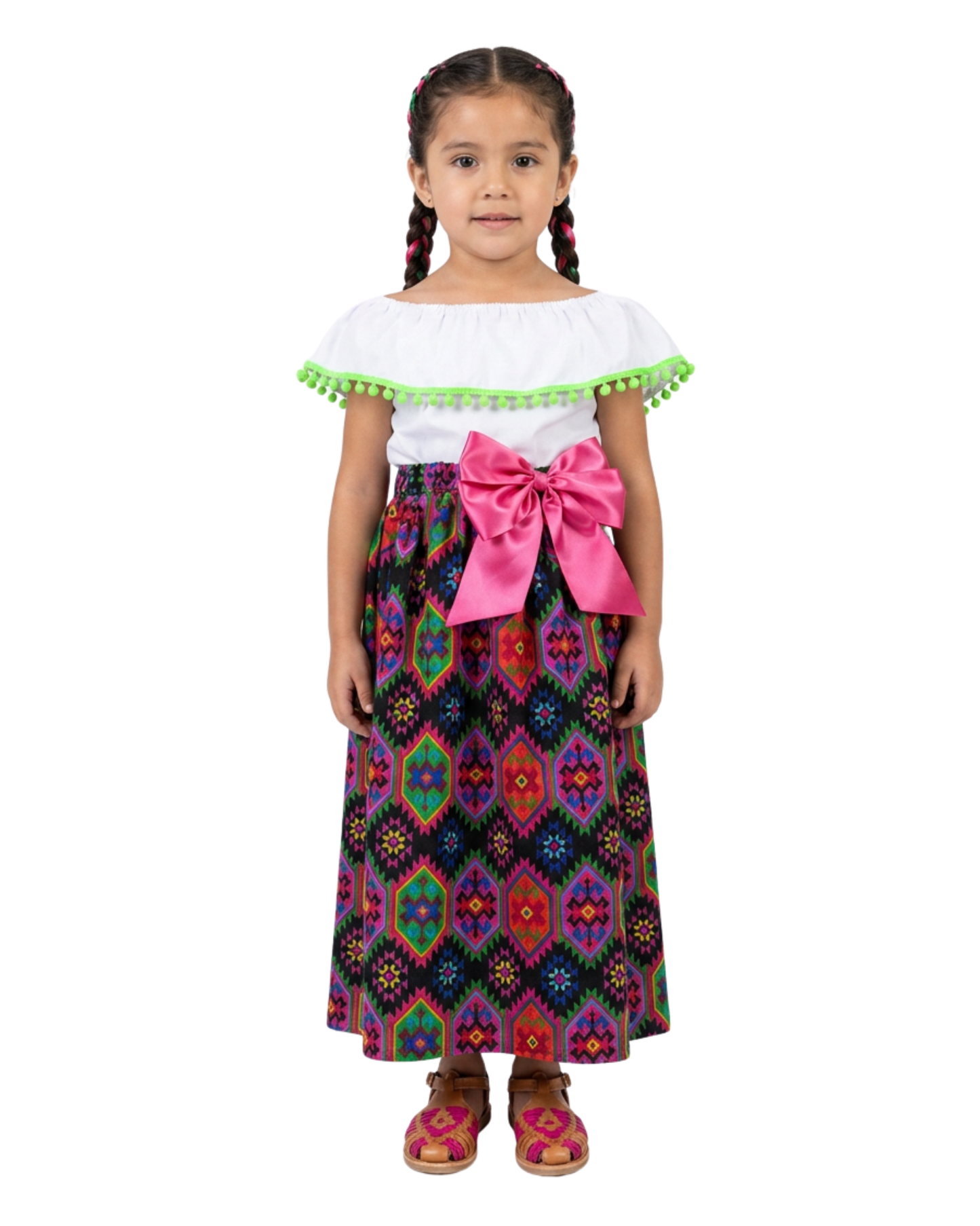 SET FALDA ADELITA GEOMETRIA   BLUSA MANGA CAMPESINA POMPON VERDE