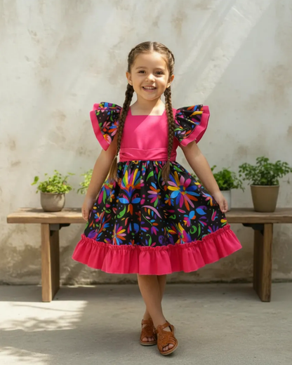 VESTIDO ADELITA TIPICO PATRIO ELEGANTE PETO ROSA MEXICANO FAALDA FLORES NEGRA