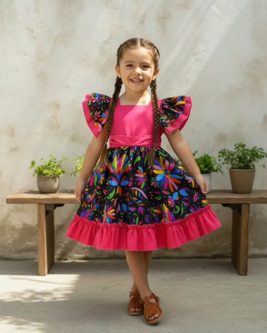 VESTIDO ADELITA TIPICO PATRIO ELEGANTE PETO ROSA MEXICANO FAALDA FLORES NEGRA