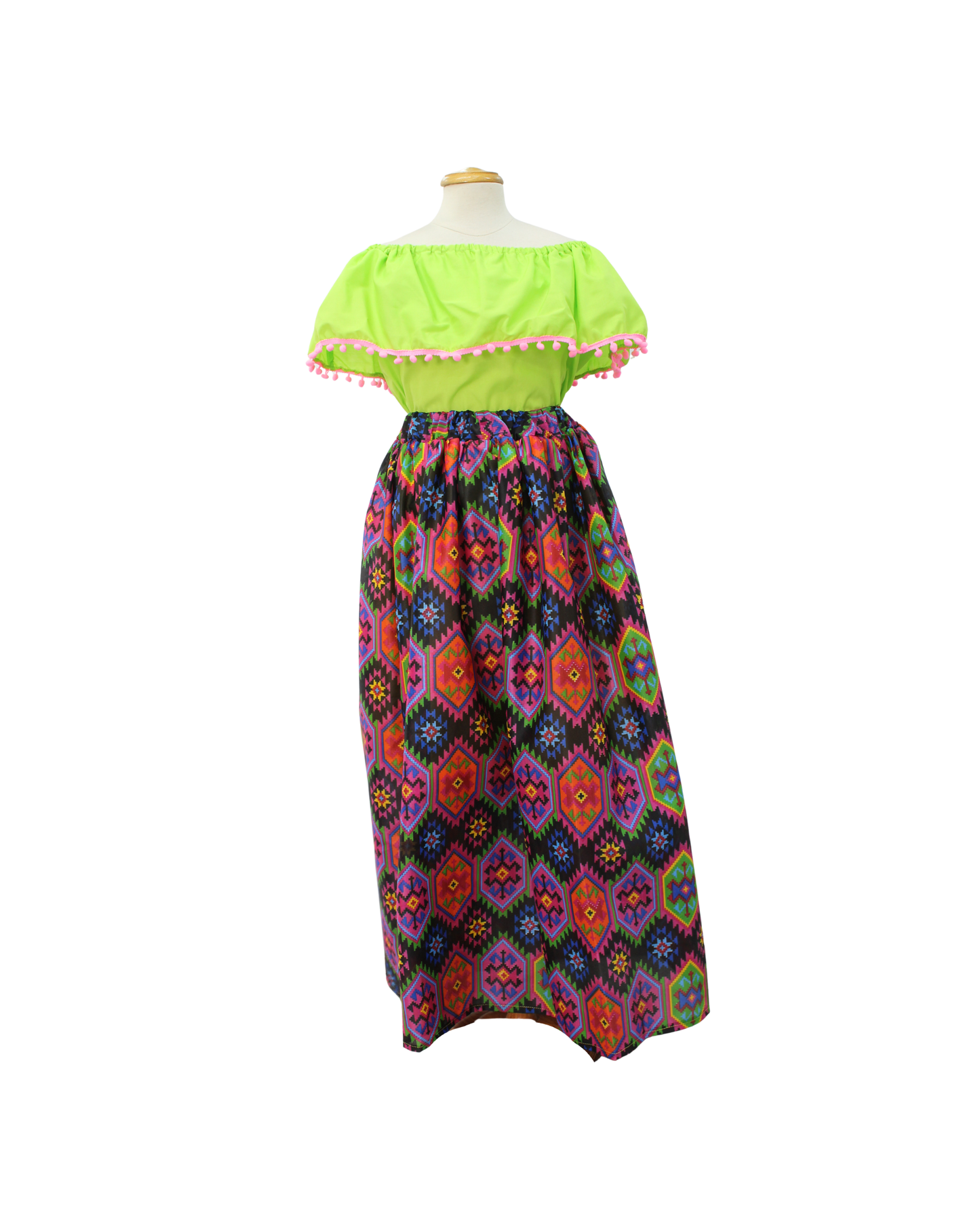 SET FALDA ADELITA  CUADROS  BLUSA CAMPESINA VERDE POMPON ROSA
