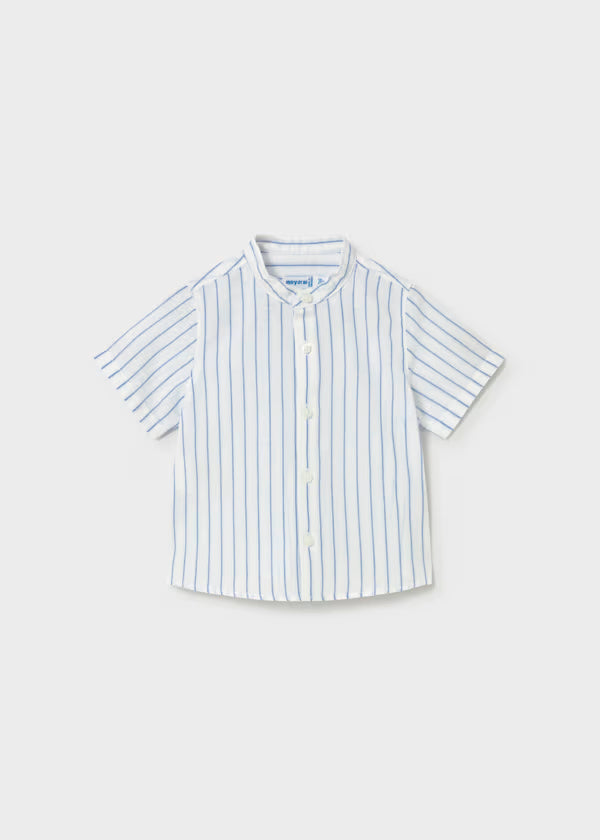 Camisa lino, cuello mao , rayas azul blanco, bebé