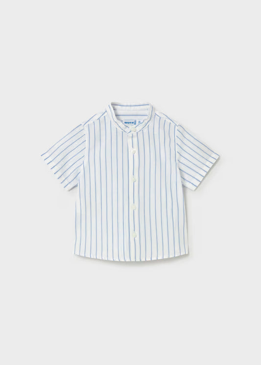 Camisa lino, cuello mao , rayas azul blanco, bebé