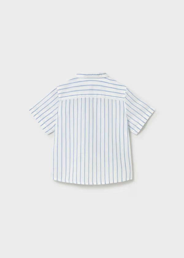 Camisa lino, cuello mao , rayas azul blanco, bebé