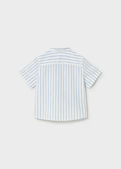Camisa lino, cuello mao , rayas azul blanco, bebé