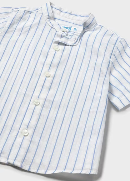 Camisa lino, cuello mao , rayas azul blanco, bebé