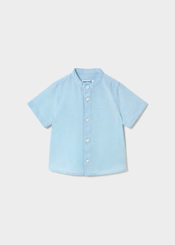 Camisa lino, cuello mao , azul celeste, bebé