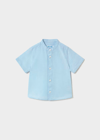 Camisa lino, cuello mao , azul celeste, bebé