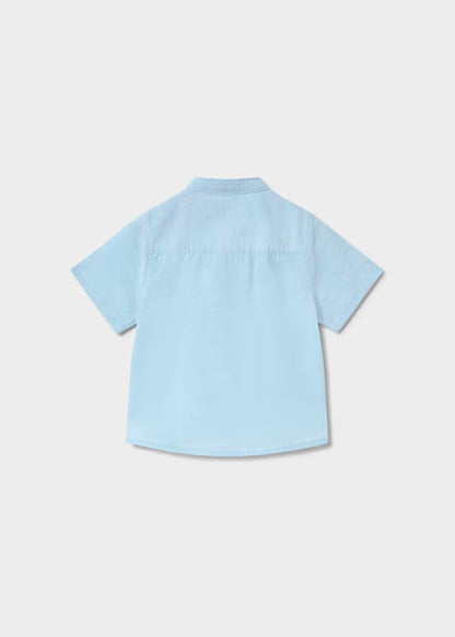 Camisa lino, cuello mao , azul celeste, bebé