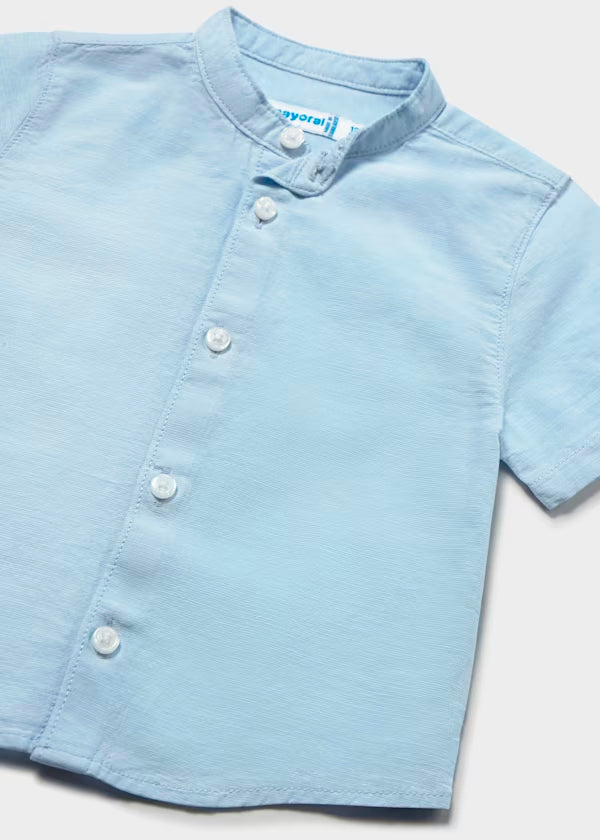 Camisa lino, cuello mao , azul celeste, bebé