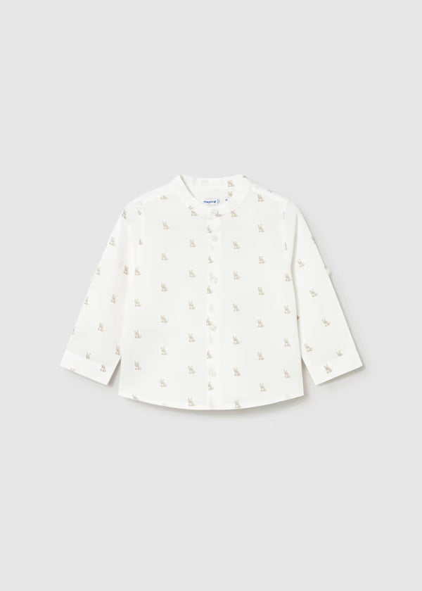 Camisa de manga larga con lino color nata y cuello mao bebé