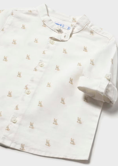 Camisa de manga larga con lino color nata y cuello mao bebé