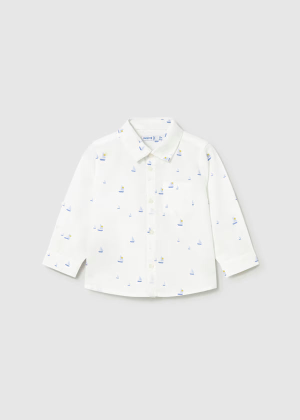 Camisa de manga larga con lino color blanco, textura barco, bebé