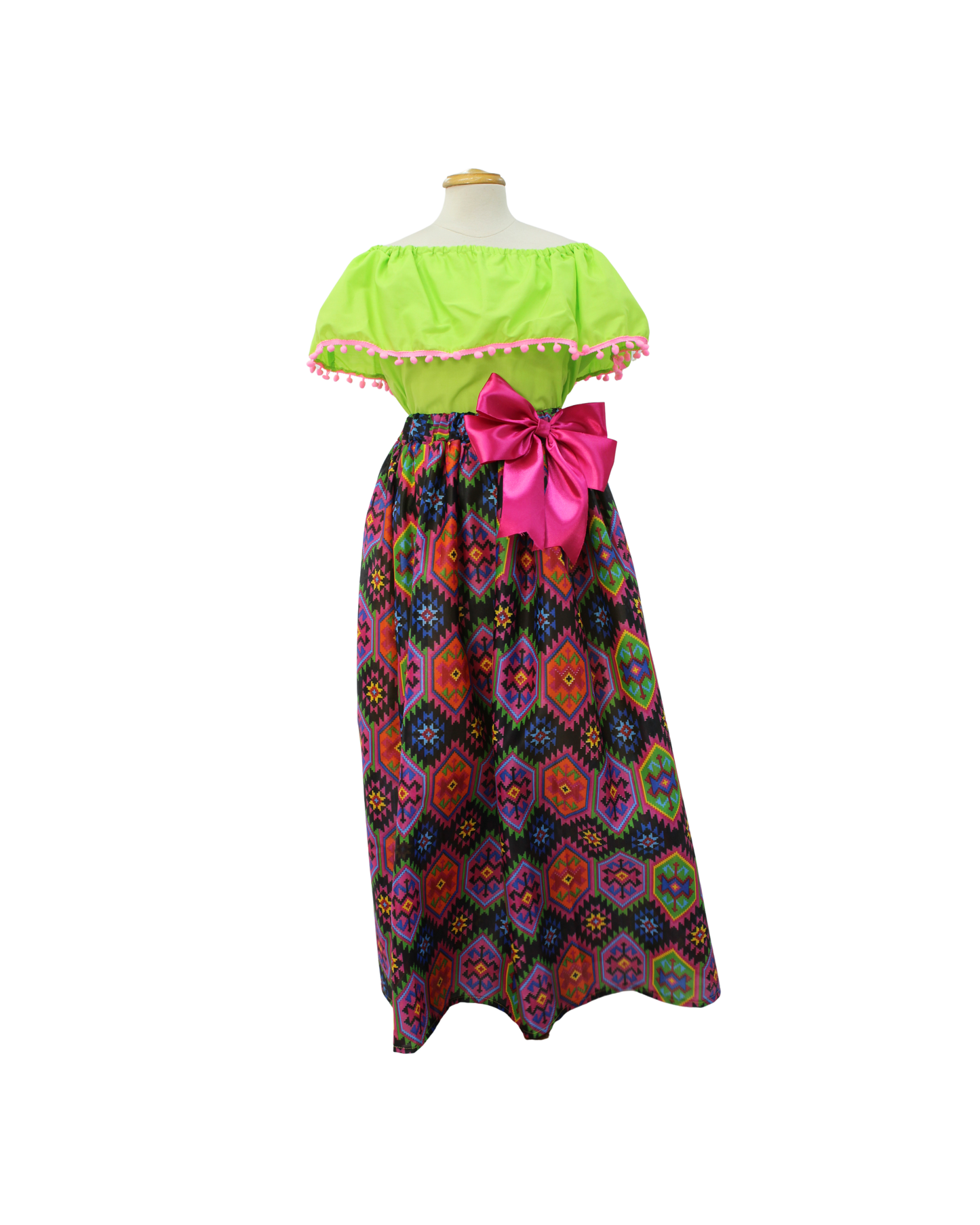 SET FALDA ADELITA  CUADROS  BLUSA CAMPESINA VERDE POMPON ROSA