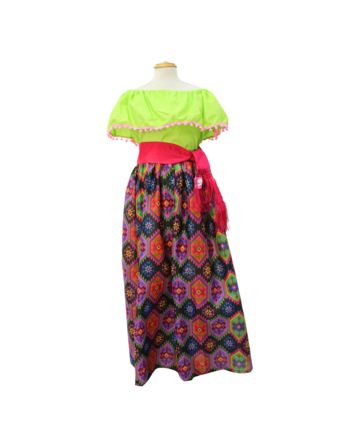 SET FALDA ADELITA  CUADROS  BLUSA CAMPESINA VERDE POMPON ROSA