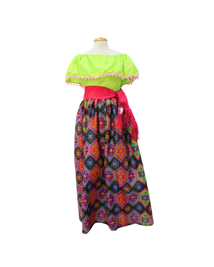 SET FALDA ADELITA  CUADROS  BLUSA CAMPESINA VERDE POMPON ROSA