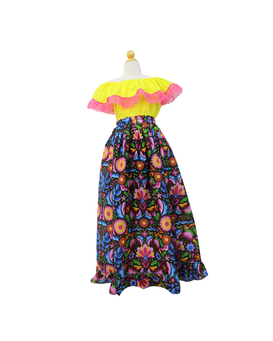 SET FALDA ADELITA FLORES BLUSA CAMPESINA AMARILLO ENCAJE ROSA